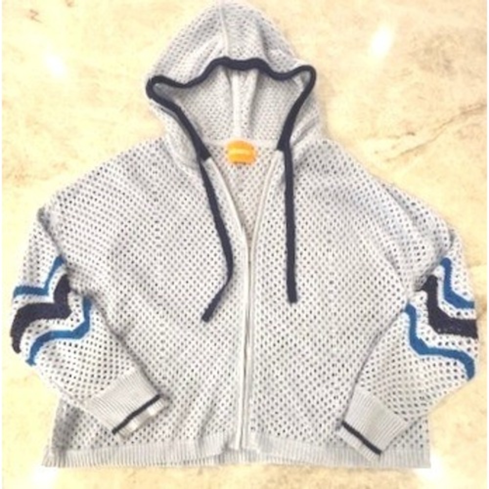 WISPR Open Knit Hooded Sweater Blue Mesh Lightweight Cotton Silk Blend, Medium‎